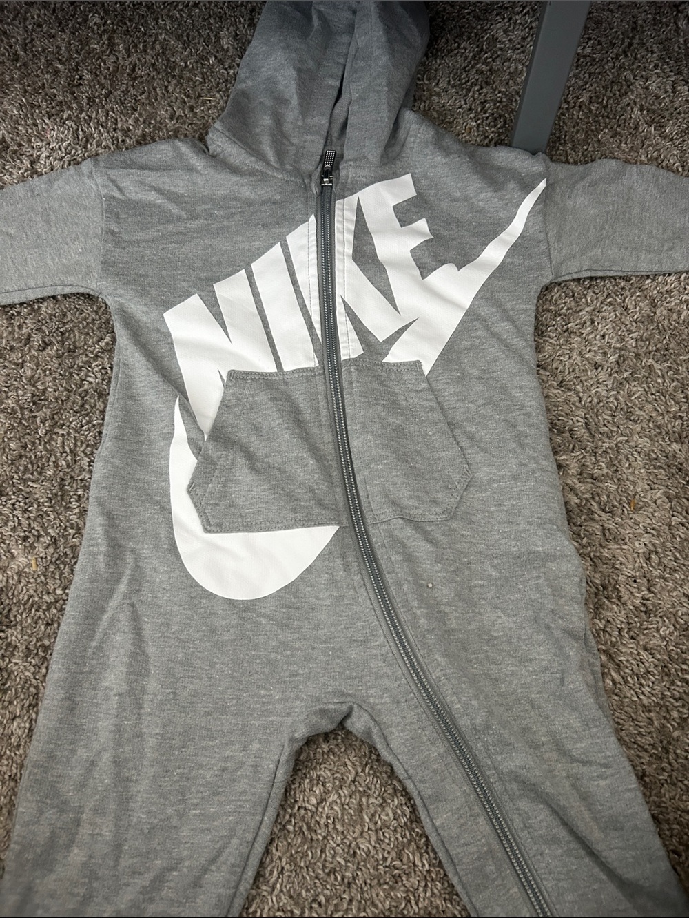 Nike Gray Hooded Baby One-Piece Romper with White Logo